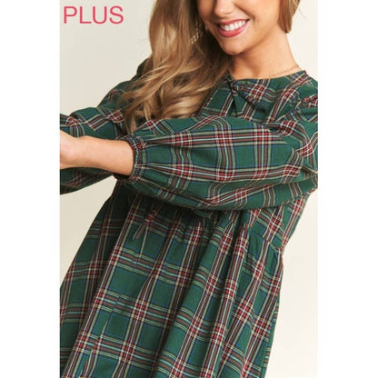 PLUS SOFT PLAID  BABYDOLL BOW MINI DRESS