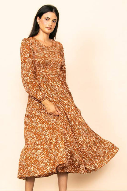 Smocked Chest Wide Flare Tiered Midi Dress w Pockets