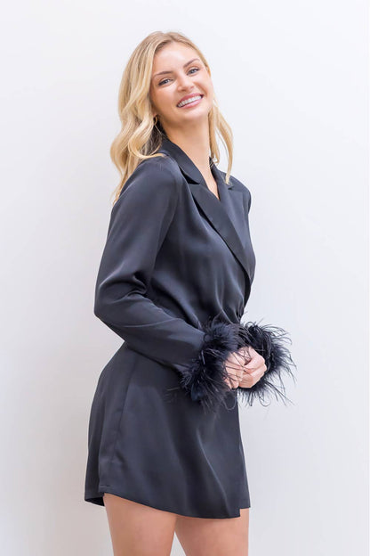 Satin romper with feather detail sleeve