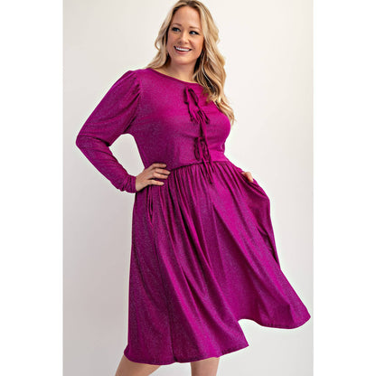 PLUS SIZE GLITTER KNIT FLARE DRESS WITH BOW DETAILS