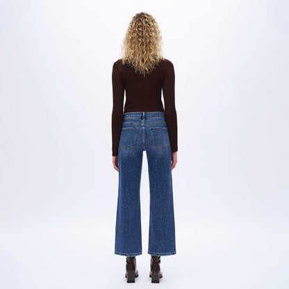 High Rise Rhinestone Wide Leg Ankle Jeans for Women OSWM8008