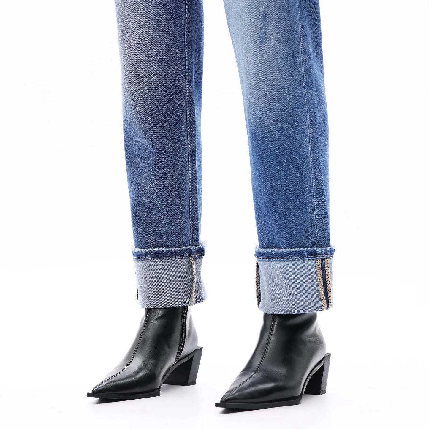 Mid Rise Cuffed Hems Straight Distressed Jeans OST5025