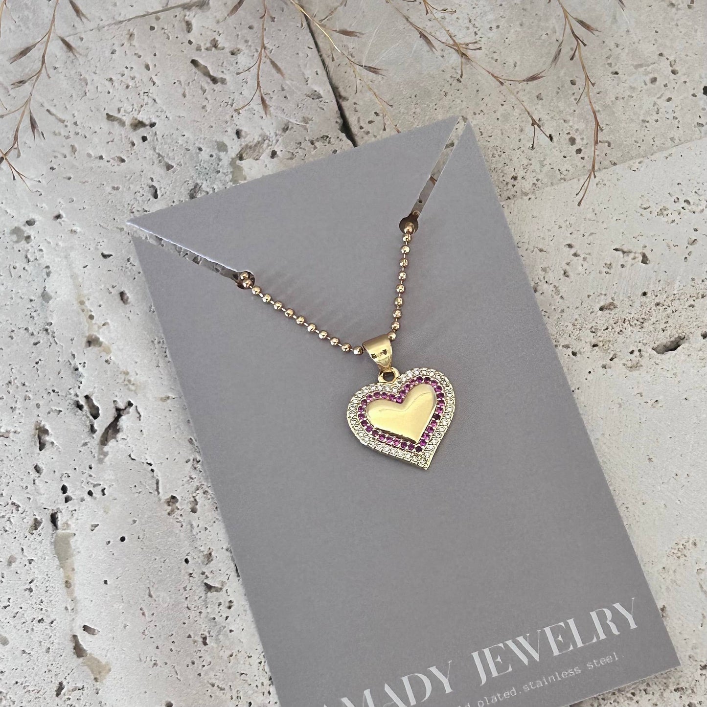 Small Heart Pave Pendant necklace pink glass beaded chain