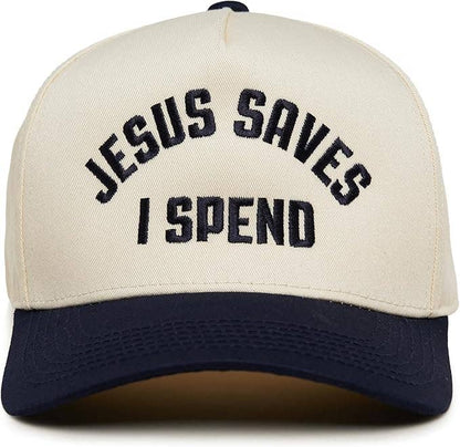 2-Tone Embroidered Cap - Jesus Saves I Spend - Navy/Beige