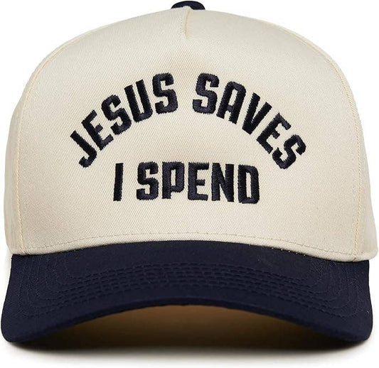 2-Tone Embroidered Cap - Jesus Saves I Spend - Navy/Beige