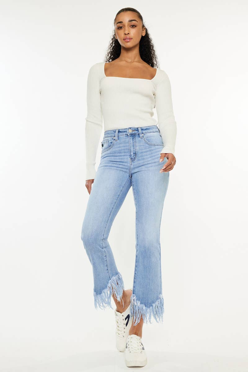 HIGH RISE CROP BOOTCUT DENIM PANTS Fray Hem