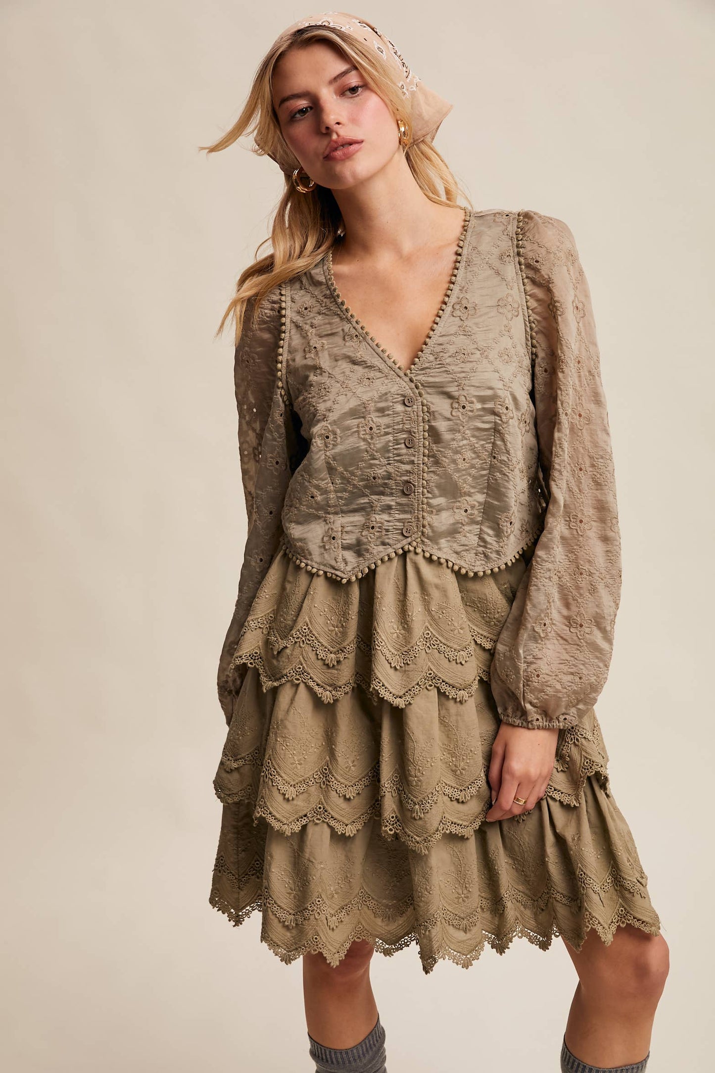 Tiered Scallop Embroidered Mini Dress
