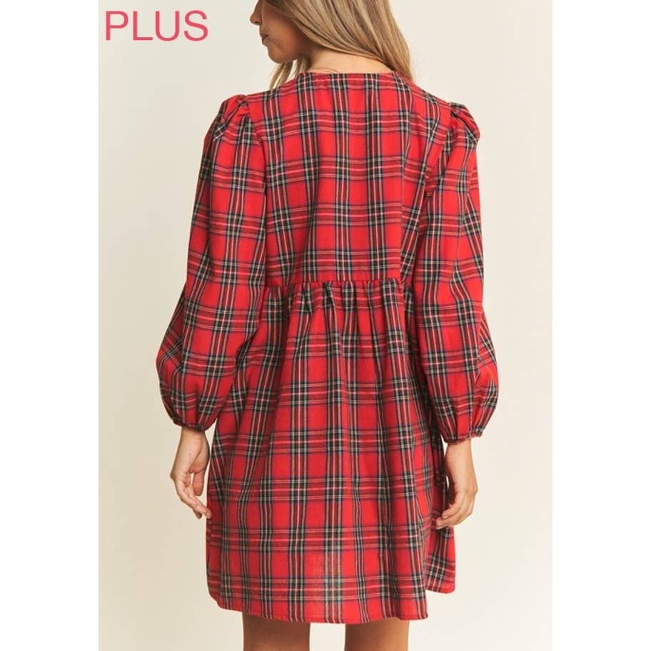 PLUS SOFT PLAID  BABYDOLL BOW MINI DRESS