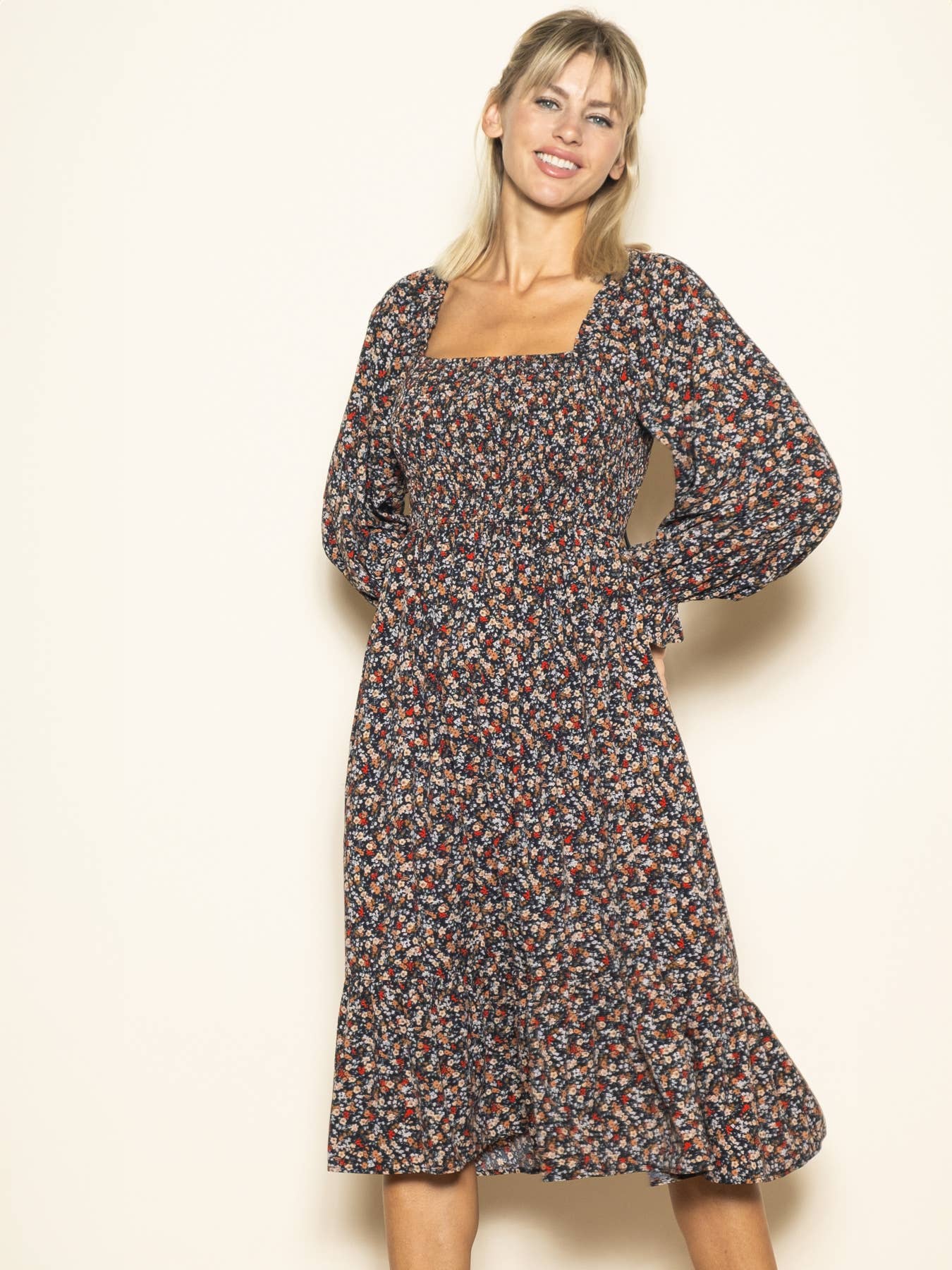 Velvet Back Tie Long Sleeve Winter Midi Dress with Pockets