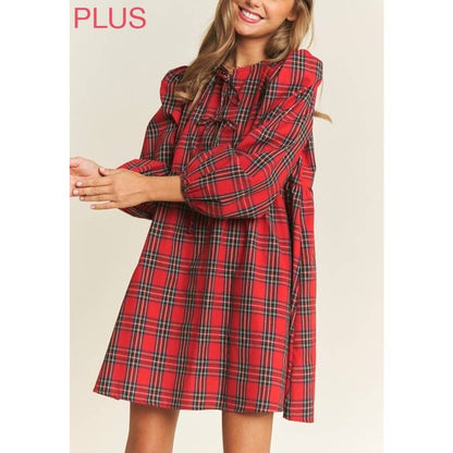 PLUS SOFT PLAID  BABYDOLL BOW MINI DRESS