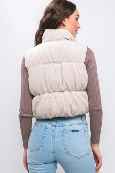 CORDUROY ZIP UP PUFFER VEST WITH POCKETS