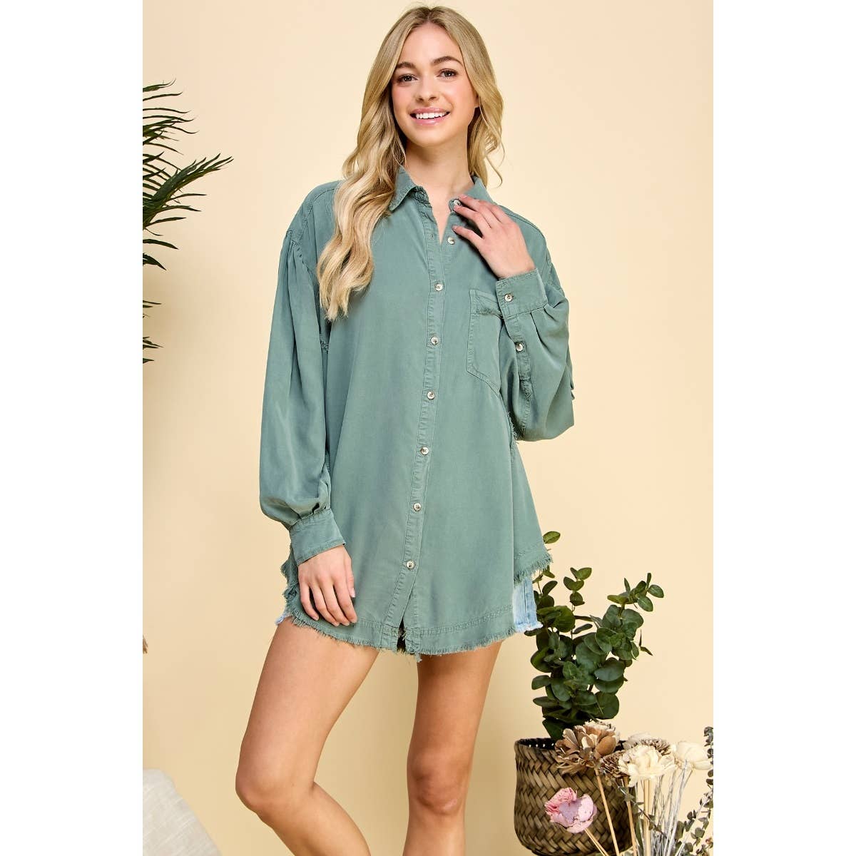 Oversize Frayed Seam Balloon Sleeve Shirts