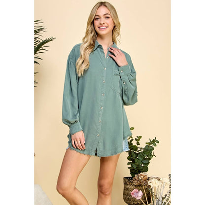 Oversize Frayed Seam Balloon Sleeve Shirts