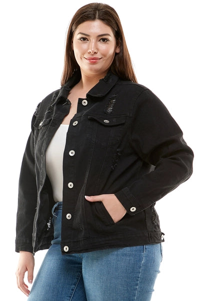 Plus Size Button Front Denim Jacket- Black