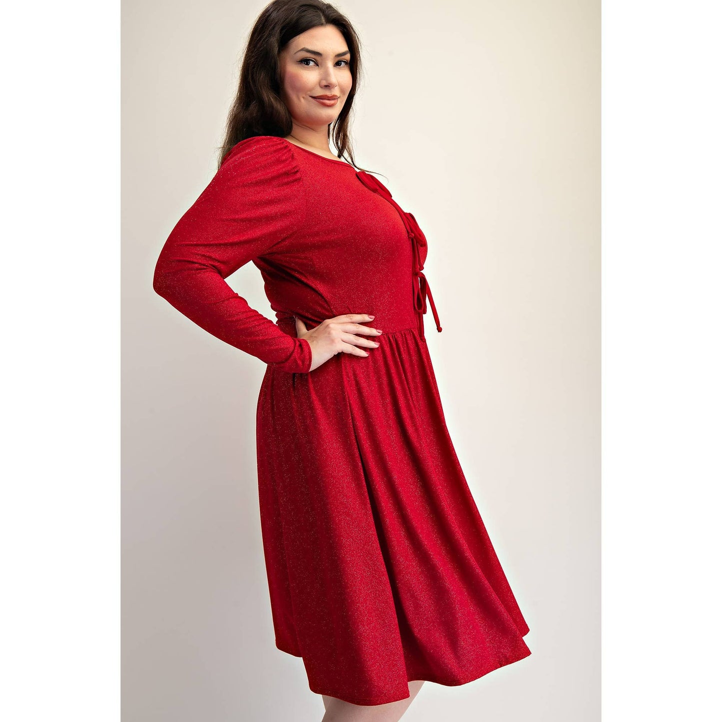 PLUS SIZE GLITTER KNIT FLARE DRESS WITH BOW DETAILS
