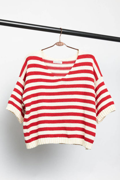 Striped Short Sleeve V-Neck Knit Top