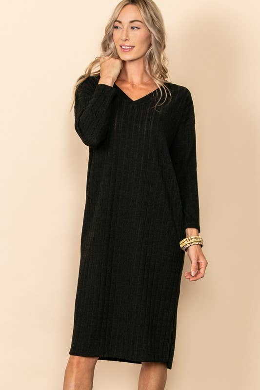 V Neck Long Sleeve Knit Dress With Side Slit
