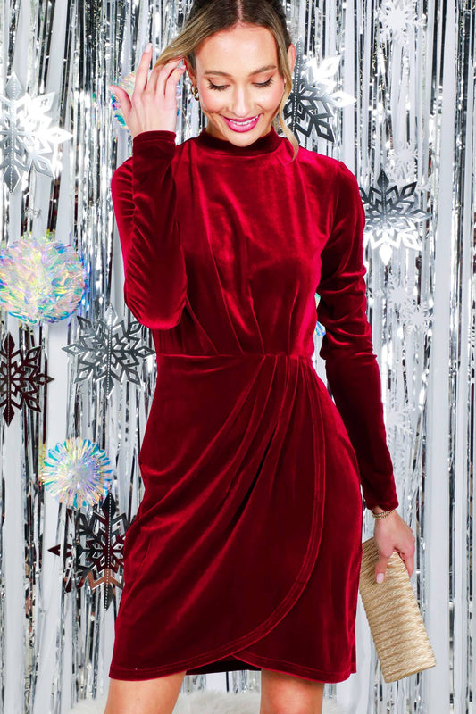 Mock Neck Wrap-Front Bodycon Velvet Mini Dress