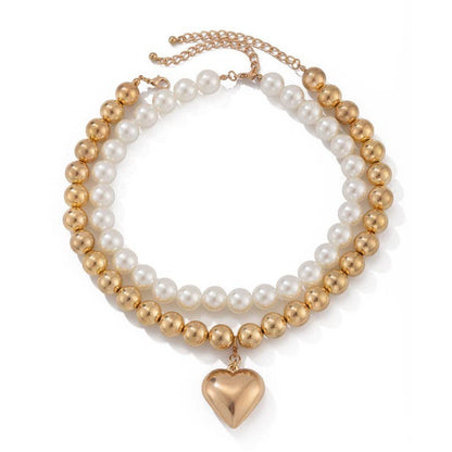 LUSTROUS PEARL BEADED LAYERED HEART NECKLACE