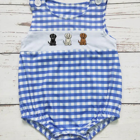 Baby Boy Checkered Dog Appliqué Romper