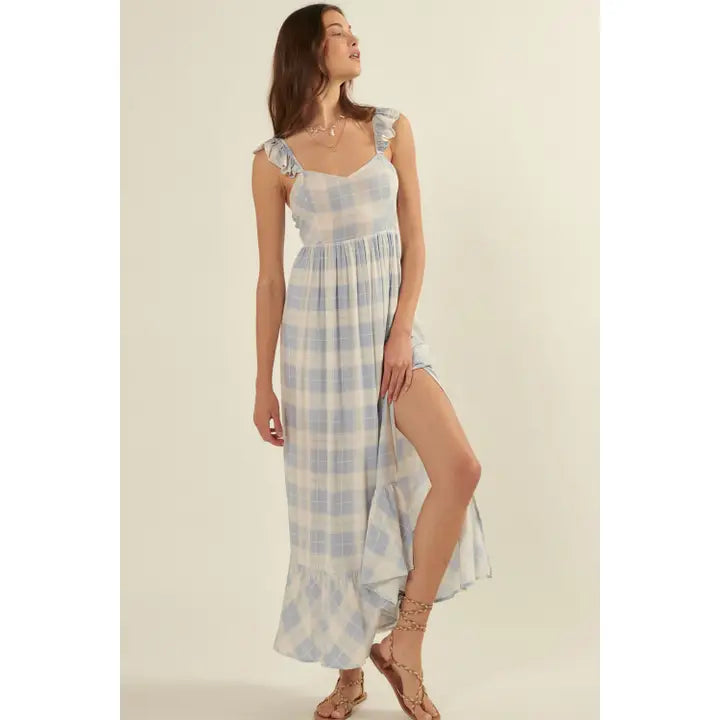 Plaid Sweetheart Sleeveless Open Back Maxi Dress : Powder Blue