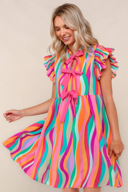 Plus Multicolor Dress W/ Cute Bow Tie Front