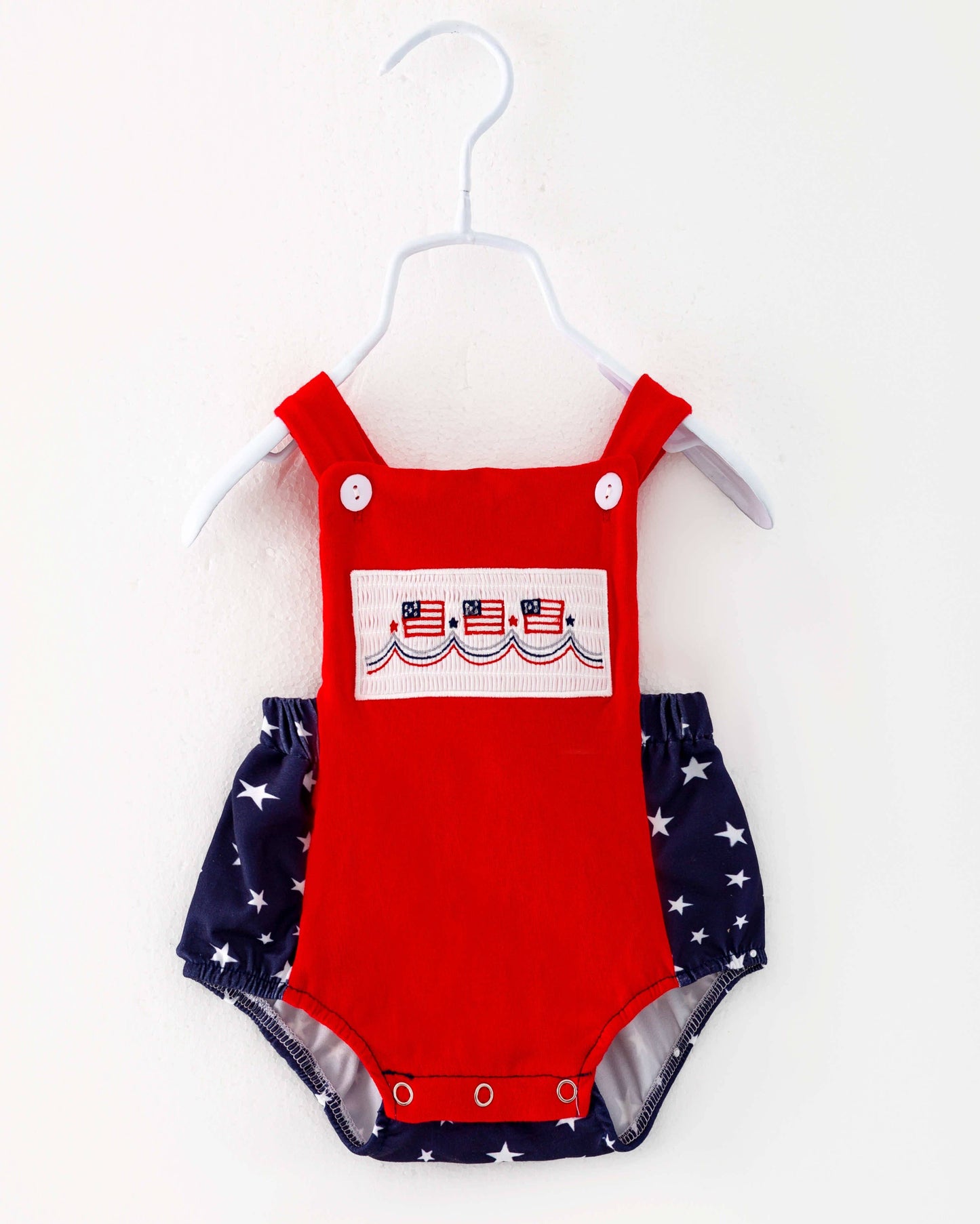 July of 4TH America Flag Star Smocked Baby Boy Romper