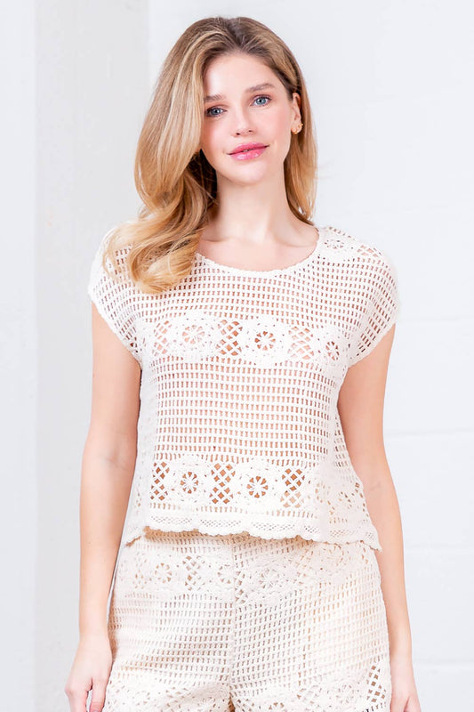 Short Sleeve Round Neck Crochet Top