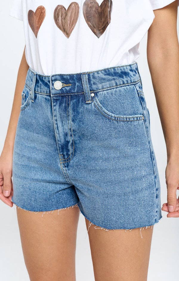 STRETCH HIGH RISE FREY HEM DENIM SHORTS