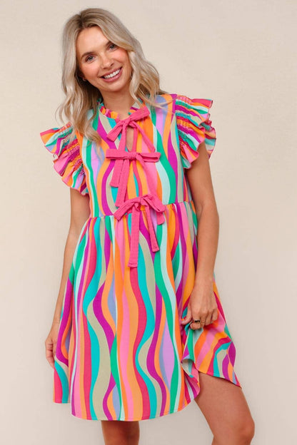 Plus Multicolor Dress W/ Cute Bow Tie Front
