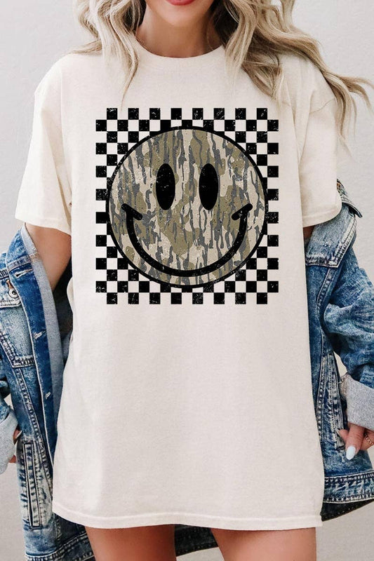 Retro Camo Smiley Face Graphic Heavy Cotton Tee