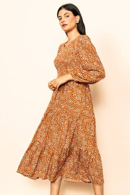 Smocked Chest Wide Flare Tiered Midi Dress w Pockets