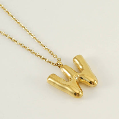 Stainless Steel Glossy Bubble Letter Necklace Gold