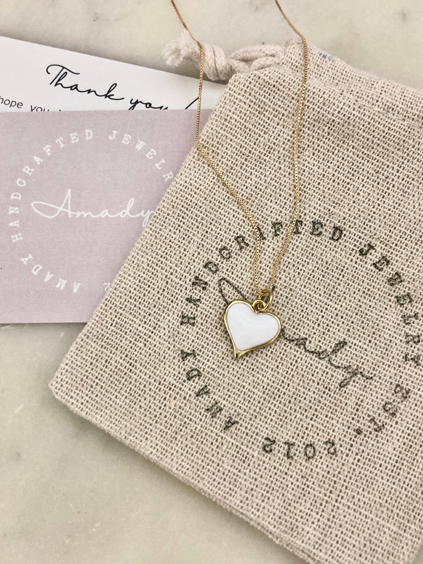 White heart 18K gold dainty necklace gold-filled box chain