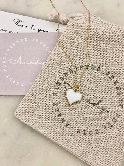 White heart 18K gold dainty necklace gold-filled box chain