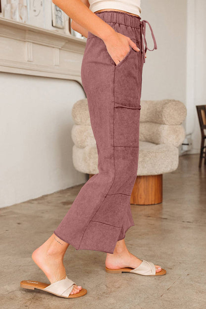 Mineral Wash Lace-up High Waist Raw Hem Patched Pocket Pants
