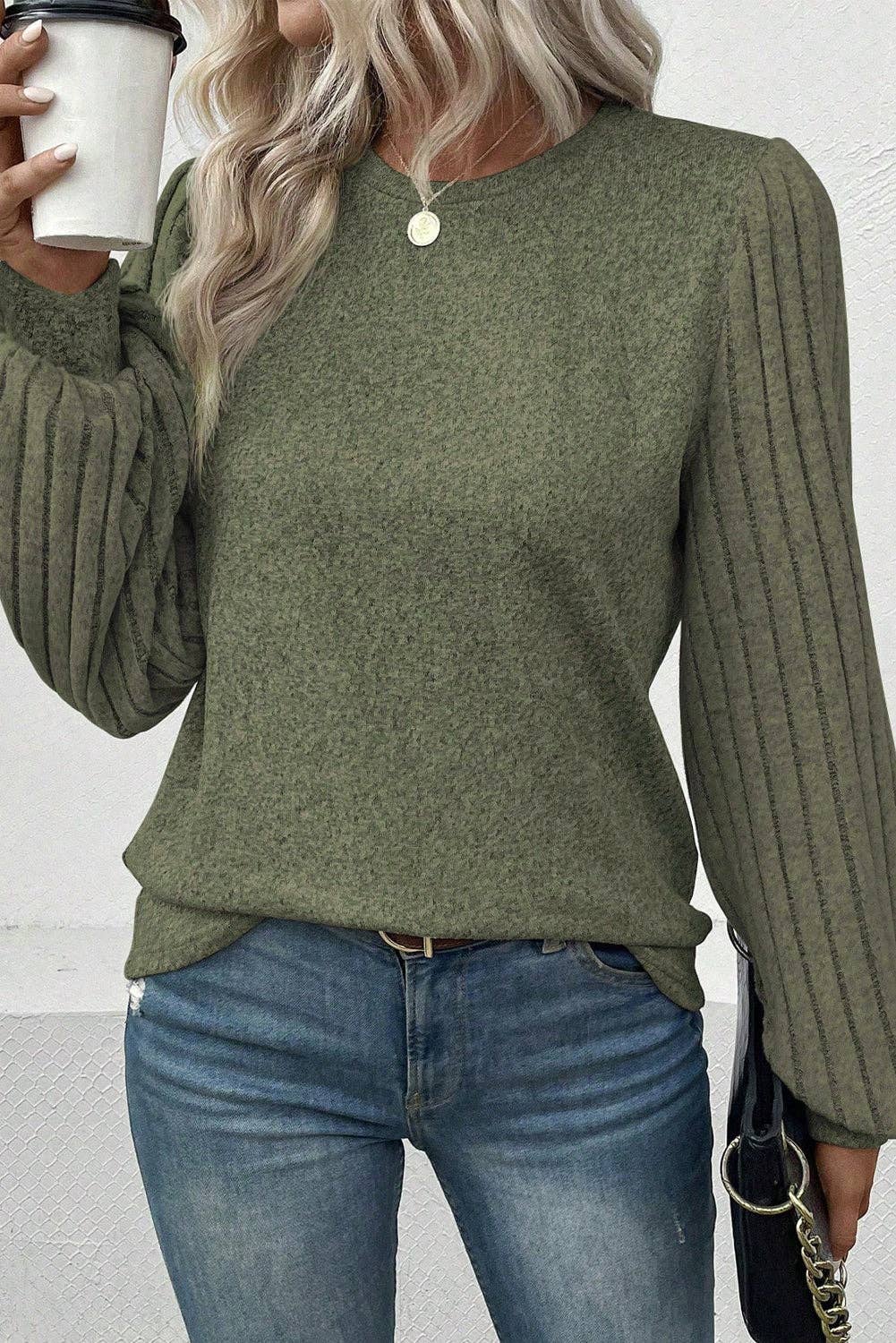 Contrast Ribbed Bishop Sleeve Top