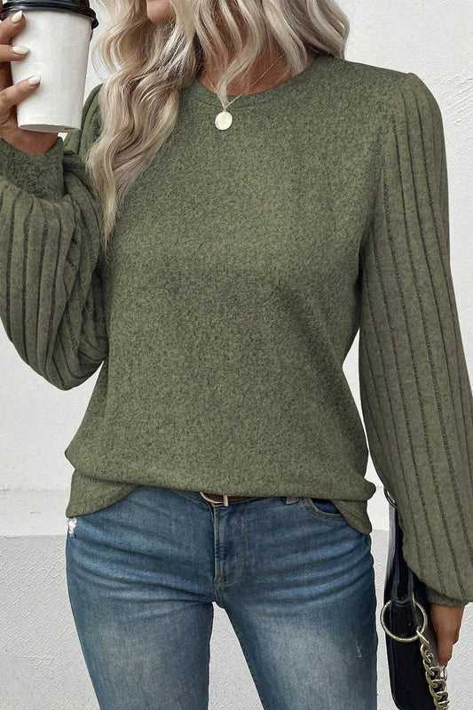 Contrast Ribbed Bishop Sleeve Top