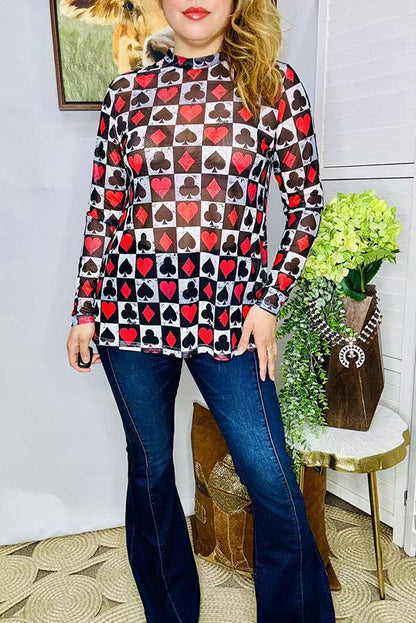 Women's poker printed long sleeve mesh top XCH16104