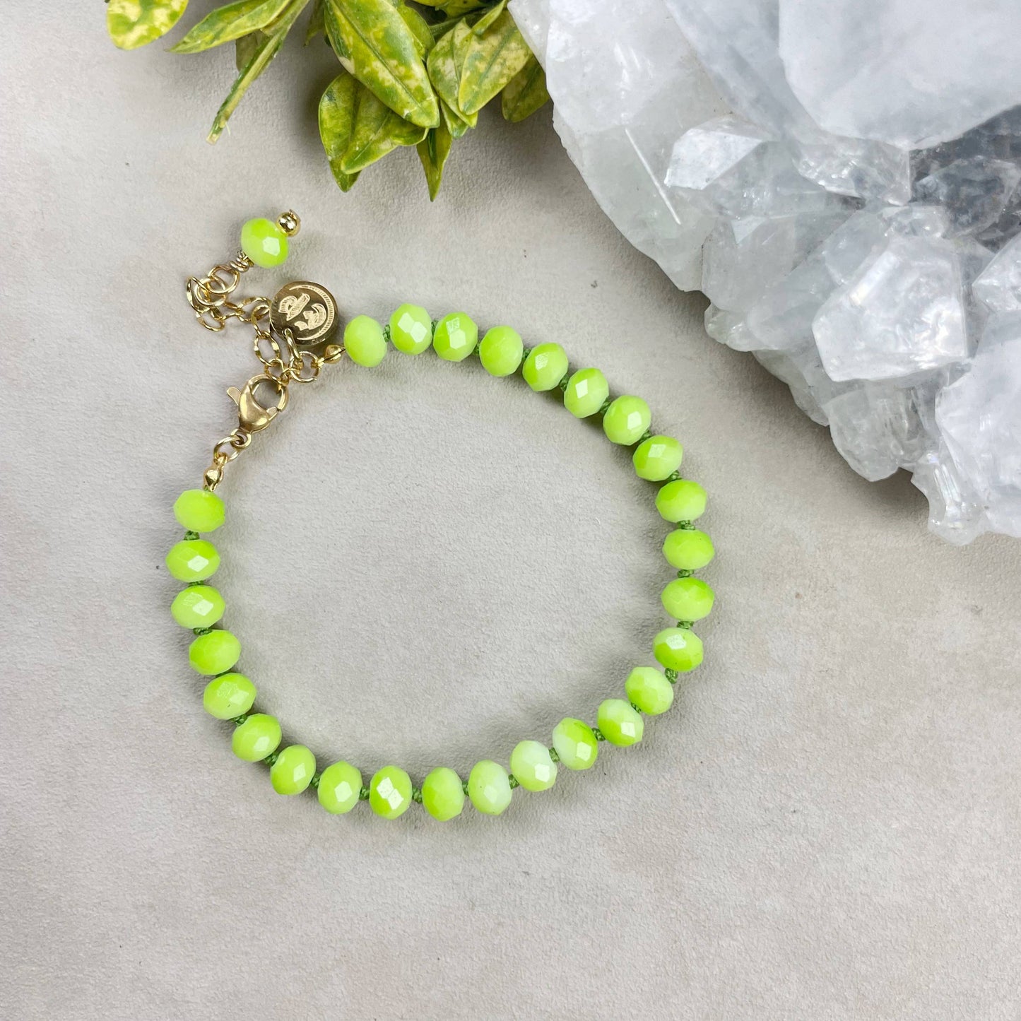 Barb// Green Neon Crystal Beaded Handknotted Bracelet