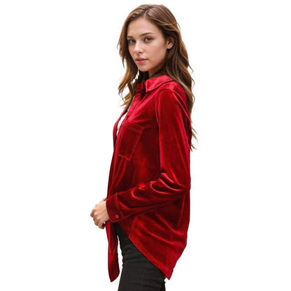 Pleione Women's Button Down Velvet Shirt Blouse in Red