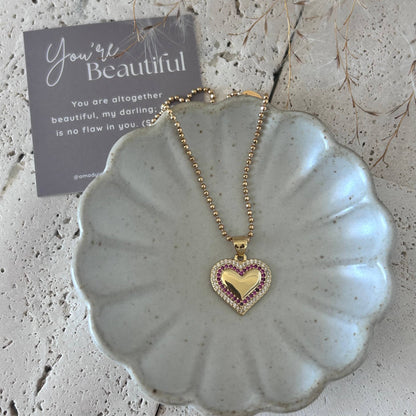 Small Heart Pave Pendant necklace pink glass beaded chain