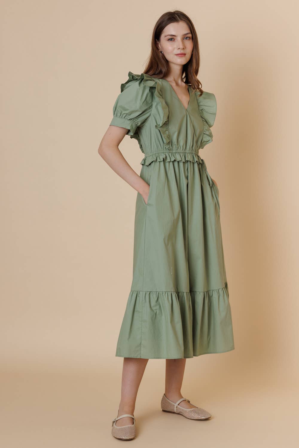 Romantic Ruffled Cottom Poplin Midi Dress