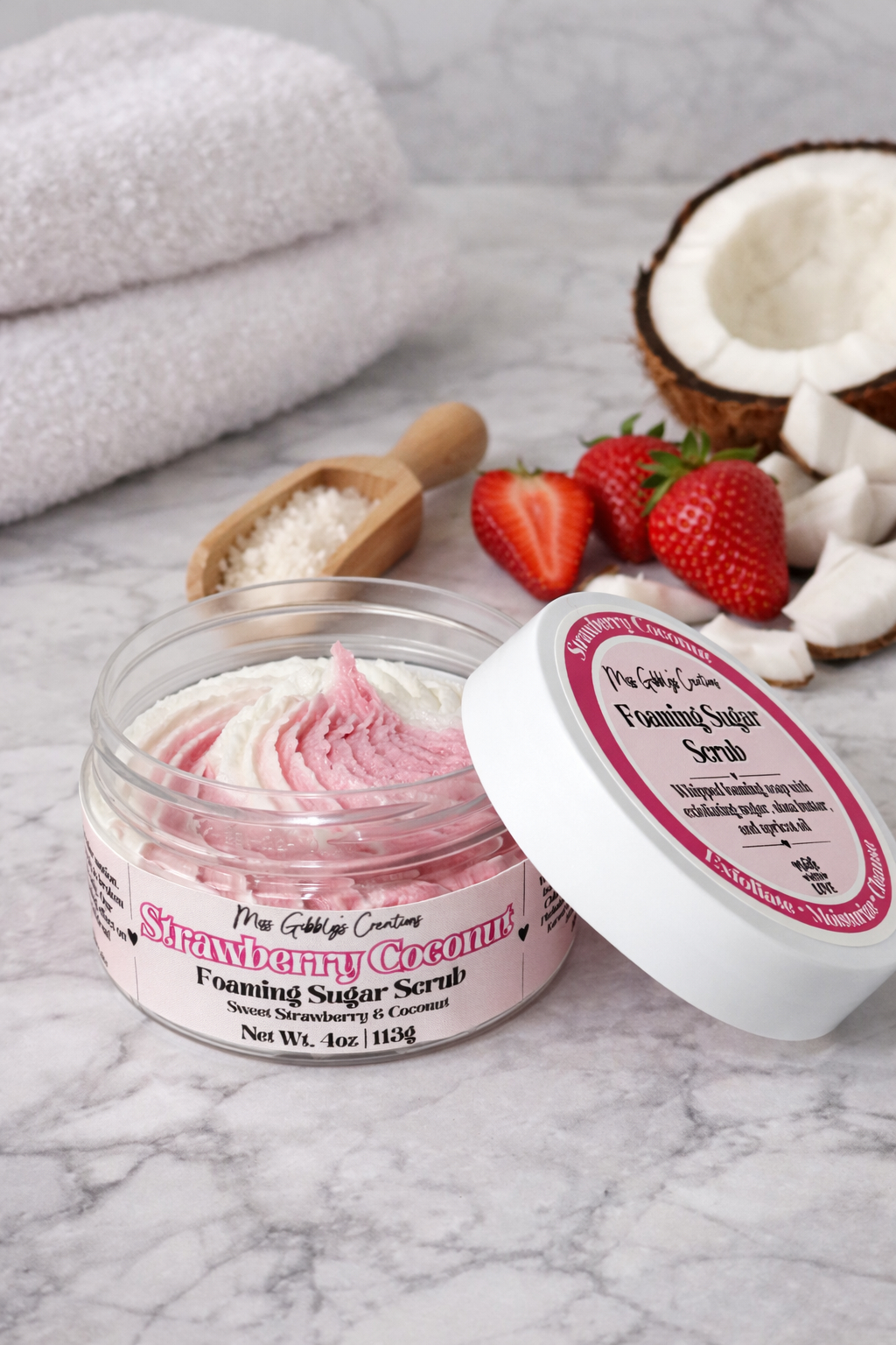 Strawberry Coconut- 4oz Foaming Sugar Scrub