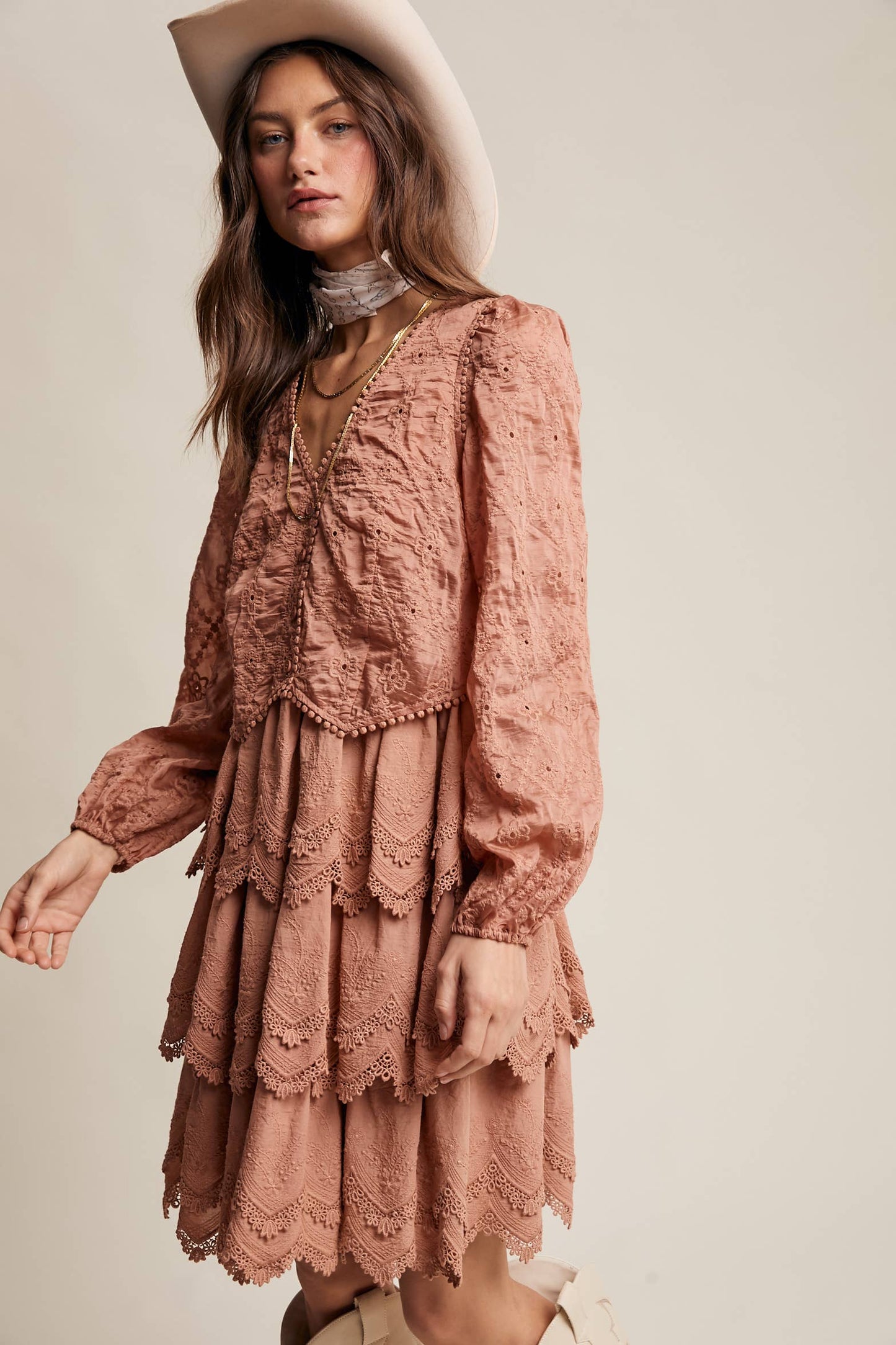 Tiered Scallop Embroidered Mini Dress