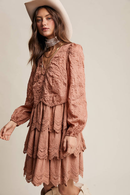 Tiered Scallop Embroidered Mini Dress