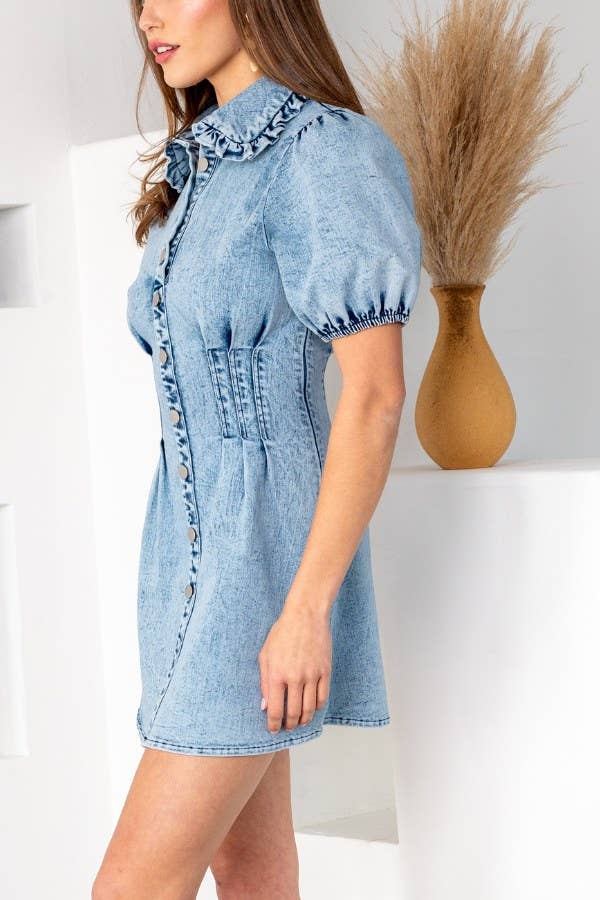 Washed Stretch Denim Dress With Waist Stitched 