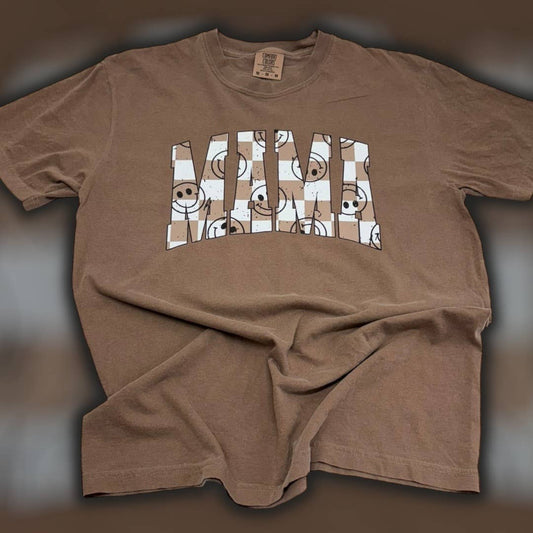 Mama Smiley Brown Checkered Comfort Colors T-Shirt