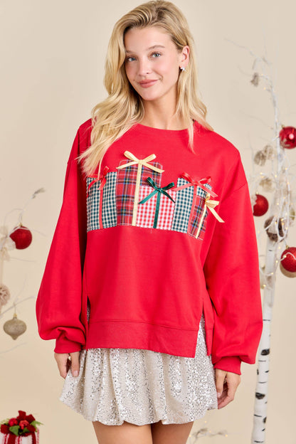 Christmas Sweatshirt Featuring Patchwork Gift box