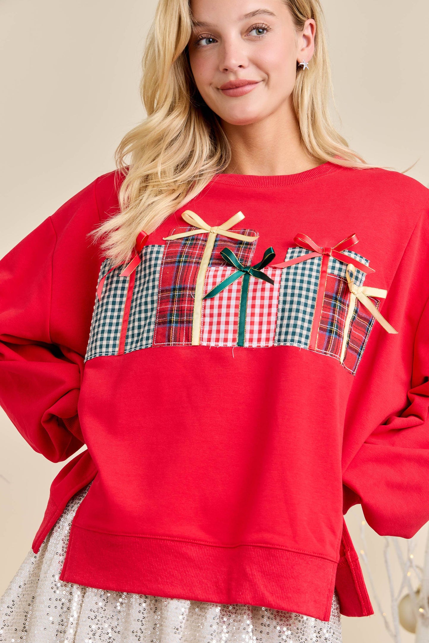 Christmas Sweatshirt Featuring Patchwork Gift box